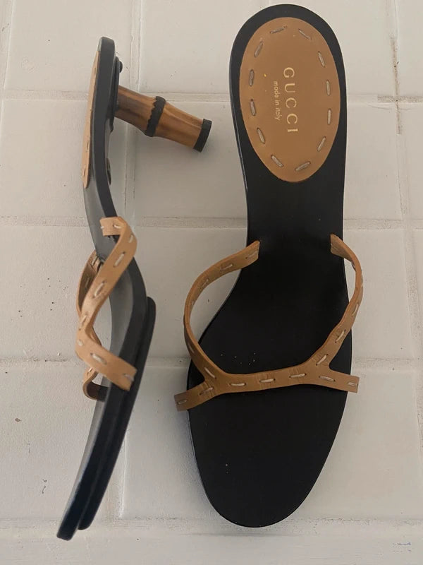 GUCCI x TOM FORD beige leather BAMBOO HEEL Mules Sandals - Eu 38