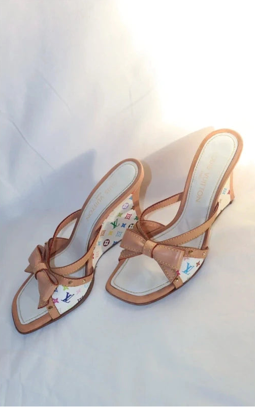 Louis Vuitton Multicolor Monogram Canvas And Leather Bow Wedge Sandals -Eu 39