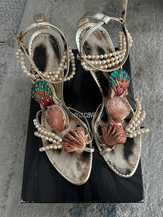 Roberto Cavalli Metallic Gold Leather Embellished Ankle Strap Sandals - Eu 39