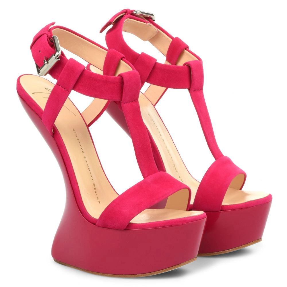 Giuseppe Zanotti Magenta Suede T Strap Sculpted Wedge Sandals - Eu 37 & 38