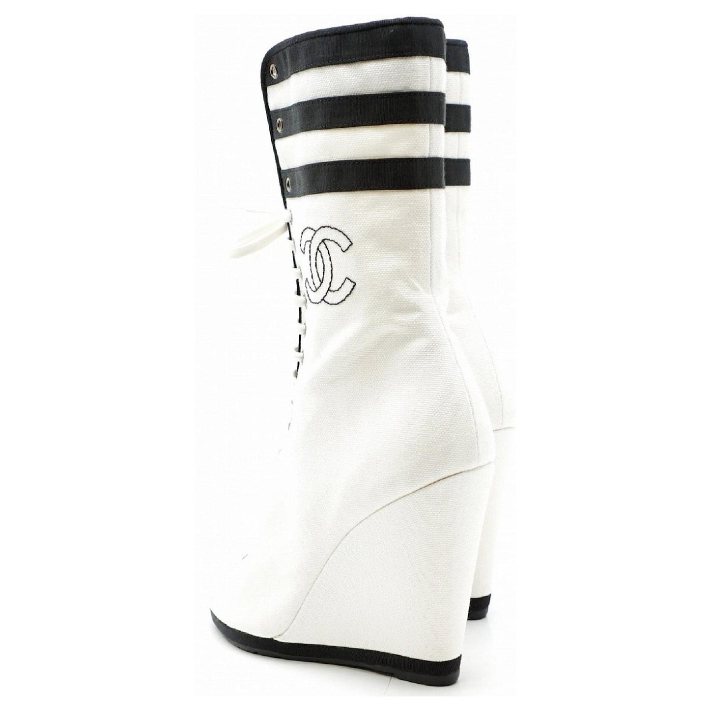 Chanel Resort 2010 white and black canvas peep-toe wedge boots. - Eu 37.5