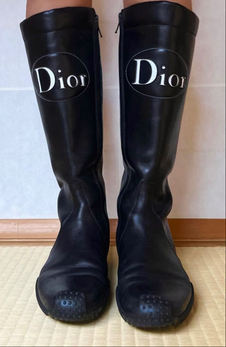 Dior Black Leather Logo Detail Mid-Calf Boots - Eu 37.5